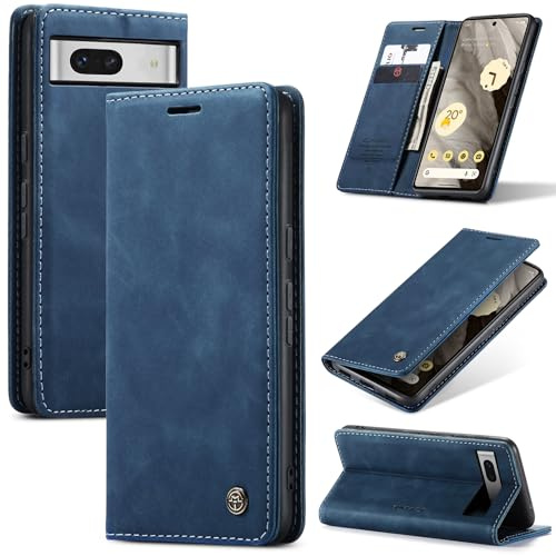 Samokor Handyhülle für Google Pixel 7 5G Magnet Leder Klapphülle | Premium Leder,Klappbar,Flip Case,Schutzhülle,Tasche,Kartenfach,Standfunktion,Stoßfest,Hülle für Google Pixel 7,Blau