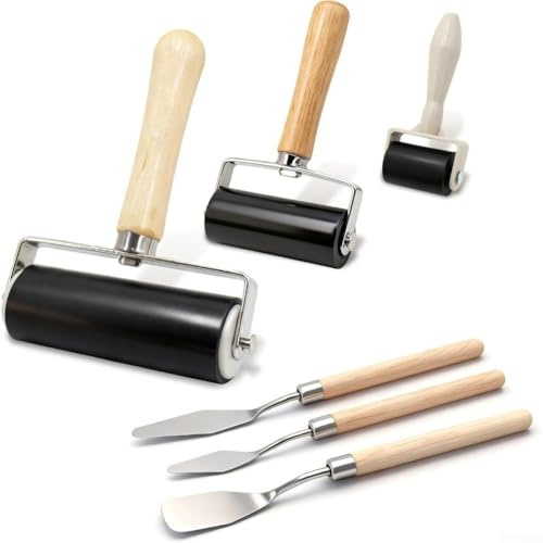 Lot de 6 rouleaux de brayer en caoutchouc pour la gravure – 3 tailles (10,3 cm, 6 cm, 3,4 cm) + 3 grattoirs assortis, poignées en caoutchouc souple et en bois, papier peint et art de linogravure