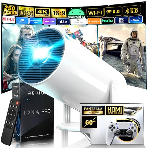 REKION® [Apps integrate] Proiettore portatile HY.300 4K + Schermo 60 Pollici | HDMI incluso | 1080P Full HD 250 ANSI 9000 Lumen | WiFi 6 Bluetooth 5.0 | Android 13 | 180°Rotabile