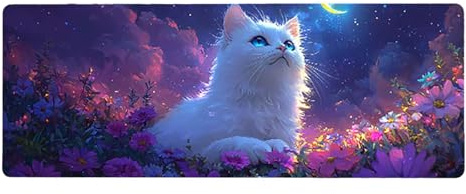 Alfombrilla Ratón Gaming XXL, 90x180cmx3mm, Impermeabile Mousepad, Base Antideslizante de Caucho, Mouse Pad Ordenador, Bordes Cosidos, Escritorio Pad, Oficina Regalos Hombre, White Cat Moon D7YY-44