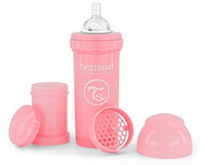 Twistshake Anti-Kolik Babyflasche mit Milchpulverbehälter und Mixer - 260 ml | Silikon-Brustwarze mit mittlerem Durchfluss | BPA-freie Babymilchflasche | Geeignet für Babys ab 2 Monaten | Rosa