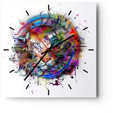 Modern Wanduhr Abstraktion Tiger Skizze Dschungel 40x40cm Quadrat Groß Wand Uhr Glas Analog Zimmeruhren Küche Büro Wohnzimmer Glasuhr Wall Clock Dekoration Design Küchenuhr C3AC40x40-2830