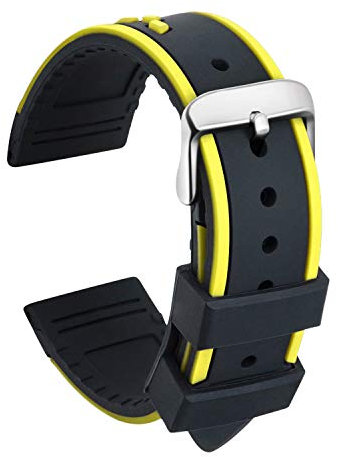 ULLCHRO Bracelet Montre Remplacer Silicone Bracelet Montre Bicolore - 20, 22, 24mm Caoutchouc Montre Bracelet avec Acier Inoxydable Boucle (24mm, noir et jaune)