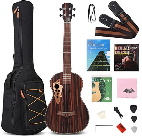 Elektrische Bariton-Ukulele, 76,2 cm, Blackwood, Akustik-Ukulele-Set mit Halsstab mit EQ mit Gigbag, Gurt, Nylonsaiten, elektrisches Stimmgerät, Plektrum, Shaker