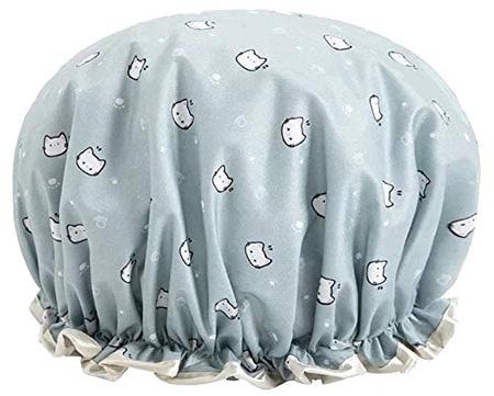 Shower Caps Waterproof Double Layers Shower Caps Elastic Band Lovely Cat Pattern Reusable Bath Hat for Women Girls (Blue)