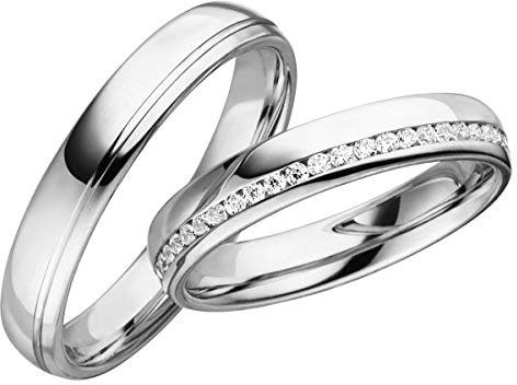 JC Trauringe Silber 925 Paarpreis Eheringe Silber I Edle Verlobungsringe breit 4,0 mm I Partnerringe mit Gravur in edler Schatulle I 2 Hochzeitsringe Herrenring ohne & Damenring mit Steinen I LC125-S