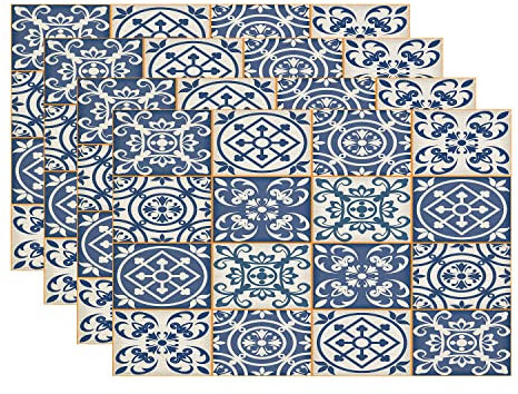 Batmerry Blue and White Placemats, Arabesque Gorgeous from Blue Moroccan Tiles Ornaments Pattern Woven Burlap Modern Placemats for Dining Table Kitchen Table Round Table Farmhouse Indoor Set of 4
