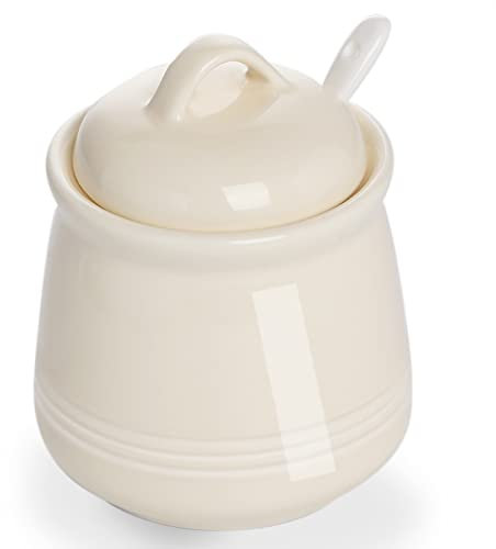 HAOTOP Porzellan Zuckerdose, Keramik Salzschale mit Löffel und Deckel für Haus und Küche, 12 oz (Beige)
