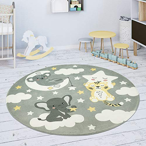 Paco Home Spielmatte Kinderteppich Teppich Kinderzimmer rutschfest Modern Stern Wolke Mond Grau Weiß, Grösse:150 cm Rund