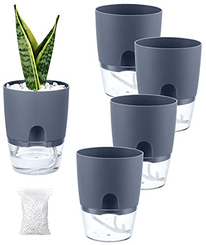 Lot de 5 pots à arrosage automatique pour plantes d'intérieur et d'extérieur de 10,2 cm avec pierres décoratives, gris