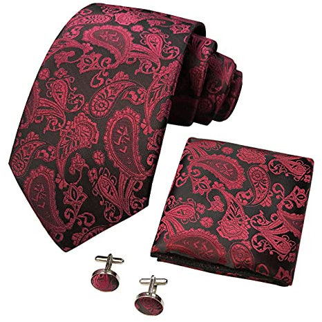 CANGRON Herren Burgund Paisley Krawatte Gewebte Herren Tasche Quadrat Manschettenknöpfe Krawatten Set DLSPXJH