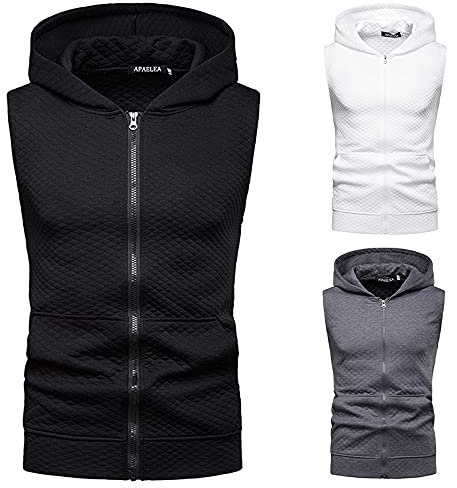 APAELEA Uomo Senza Maniche Felpa Sportivi Maglia Fodera in Pile Cappuccio Colore Solido Gym Tank Top con Tasche,Nero 1,M