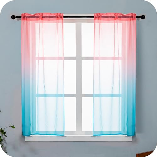 GIRASOLE HOME Coppia Tende Voile Semi Trasparenti Colore Sfumato Rosa e Celeste Tenda per Soggiorno Camera Cameretta Cucina e Interni 2 Pannelli con Tasca 70x138cm