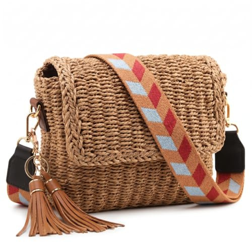 YXILEE Sac à bandoulière en paille | Sac à bandoulière en paille fait main pour femme, kaki