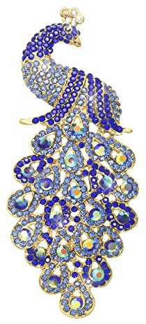 KristLand - Large Size Elegant Art-Deco-Stil Handwerk wunderschöne Pfau Tier Kristall Strass Brosche Pins Anhänger für Frauen Mädchen Goldblau