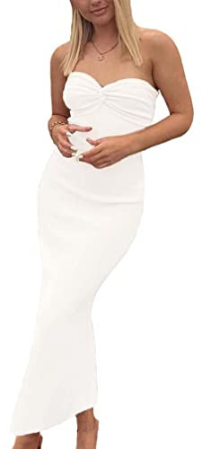 Sdencin Y2K Damen Sexy Twist Knoten Front Rippstrick Bodycon Bandeau Tube Kleid Casual Solide Trägerloses Maxi Langes Kleid, Weiss/opulenter Garten, Mittel