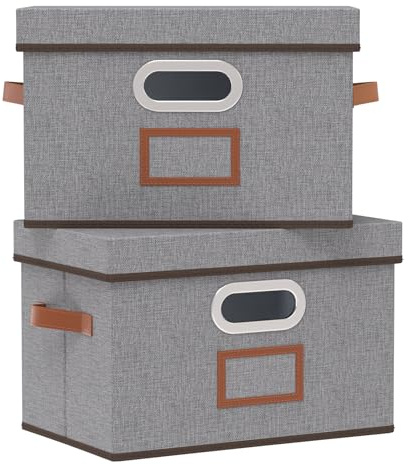 OUTBROS 2 Set Box mit Deckel, Faltbare Aufbewahrungsboxen 38x25x25cm,Grau | Faltbarer Aufbewahrungskorb mit Etikettentasche, Kisten Aufbewahrung, Schrank Organizer Kleiderschrank, für Kleidung