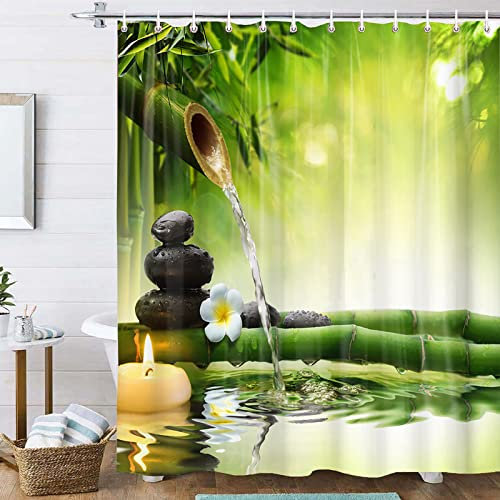 OCEUMACO Rideau de Douche Anti Moisissure Galet Zen Imprimé Rideau Douche Tissu Imperméable Polyester 240x200 cm 3D Orchidee Bambou Rideaux de Douche Baignoire Lavable Machine avec Crochets - Vert