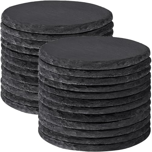 MAPRIAL 24 Stück 10cm Rund Schiefer Untersetzer, Naturstein für Lasergravur | Schwarz Tassenuntersetzer Set, Lasergravierte Blanko für mit Anti-Kratz-Boden für Deko, Party, Geschenke, Küche, Bar