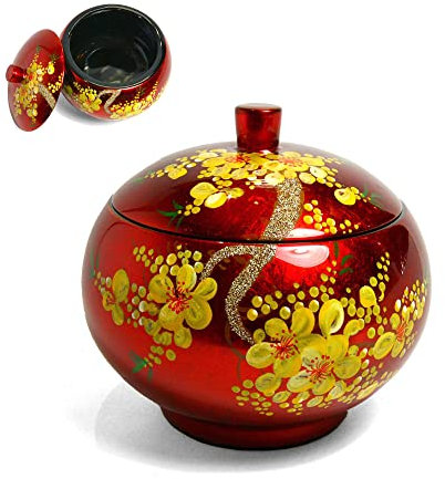 Runde Box aus lackiertem Holz, rot, Ø 10,5 cm, Kirschblüte, gelb, handgefertigt – Schmuckkästchen zur Aufbewahrung von Ring, Armband, Halskette – asiatische Dekoration (S38-111)