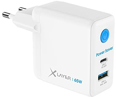 XLayer Power Saver USB-C Schnellladegerät I 65W PD I GaN Charger I 2-Port I Strom-Stopp-Funktion I kompatibel mit MacBook Pro/Air iPhone 16 15 Pro Max/15/14/13, iPad Pro, Galaxy S23 Ultra