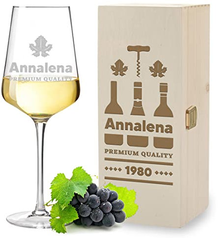 Set cadeau Verre à vin blanc 560 ml + coffret bois gravé Personnalisé - Motif bouteilles de vin - Vin blanc, verre à vin - Do-it-Yourself - Fête d'anniversaire