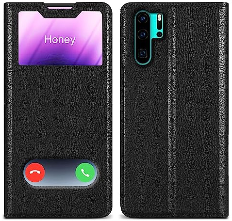 Cadorabo Hülle kompatibel mit Huawei P30 PRO in KOMETEN SCHWARZ - Schutzhülle mit Magnetverschluss, Standfunktion und 2 Sichtfenstern
