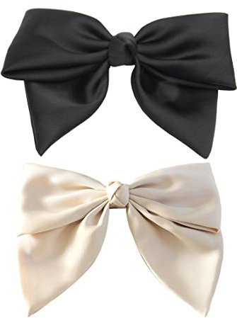 XPEX 2er-Pack Damen-Haarspangen mit Schleife, Haarspangen aus französischem Stoff für Frauen, Haarspangen mit Schleife, eleganter Satin-Haarschmuck für Mädchen (Schwarz und Beige)
