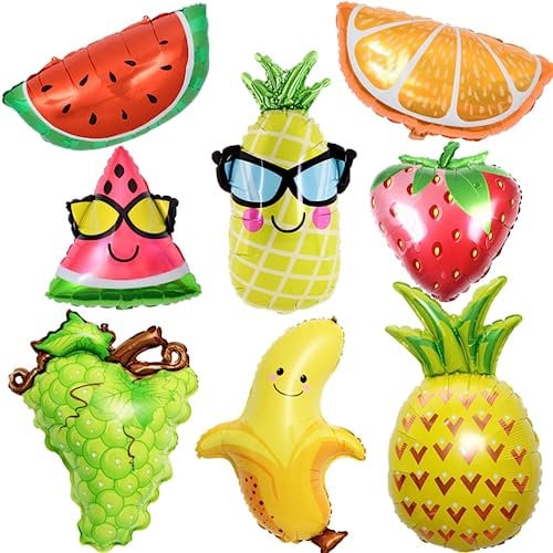 Hawaii Ballons, 8 Stück Folienballon Obst, Frucht Mylar-Ballons, Luftballons Erdbeere Banane Wassermelone Ananas, für Geburtstags Hawaii Party Sommer Strandparty Zubehör
