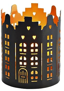 Windlicht - Romantische Strasse Altstadt-Häuser - Schattenspiel - Teelicht-, Kerzenhalter aus Metall Ø 13 cm - schwarz
