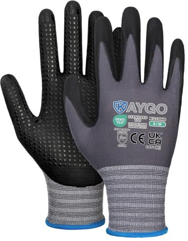 KAYGO 12 Paar Arbeitshandschuhe mit Grip Noppen für Anti-Rutsch Griff, KG19N, Nitril beschichtet Leicht Ölbestandig, Nahtlose Strick Nylon Schutzshandschuhe für Arbeit, Auto, Lager (Grau, M, Gr 8)
