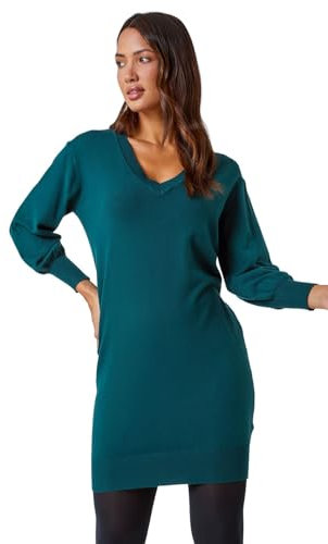 Roman Originals Knitted Jumper Dress for Women UK Ladies Knit Knitwear Autumn Winter Casual Smart Pull On Work Long Sleeves Slouch Relaxed Flattering Over Knee Length V Neck - Dark Green - Size 20