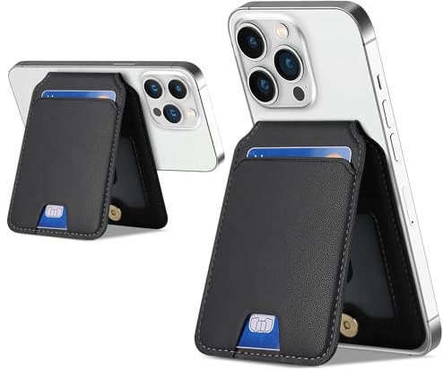 AFARER Magnetischer Handy Kartenhalter für MagSafe,Handy Kartenetui kompatibel mit MagSafe Wallet mit verstellbarem Stand,Leder Wallet Ständer für iPhone 16 15 14 13 12 Series,Schwarz