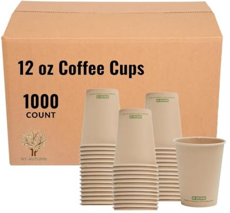 NY-AUTUMN Premium Disposable Paper Coffee Cups, 12 oz, 1000 Count, Eco-Friendly, 100% Compostable, Biodegradable, Natural, Unbleached, Reusable, Made from Bamboo Fiber