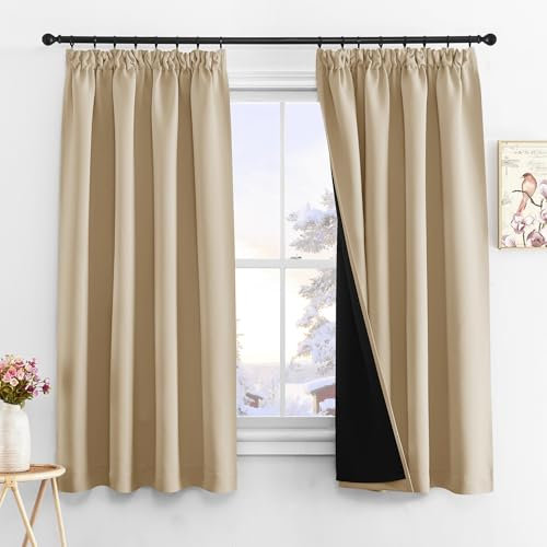 PONY DANCE 100% Verdunkelungsvorhang mit Kräuselband für Schiene Beige Vorhänge 2er Set H 145 x B 140 cm Doppellagige Blickdichte Gardinen Schlafzimmer Thermogardine, Biscotti Beige