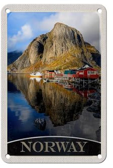 FEMER Blechschild Reise 12x18cm Norwegen Europa See Häuser Boote Trip Schild