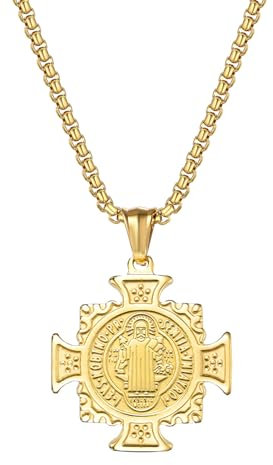 JewelryWe Benedikt Kreuz Kette Herren: Gold Edelstahl Heiliger Christophorus Erzengel Michael Schutzpatron Eisernes Kreuz Anhänger Retro St. Benedikt Halskette Religiöse Christliche Amulett Schmuck