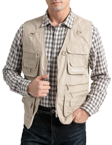 Vanchenl Herren Utility Weste Safari Reise Cargo Outdoor Arbeit Leichtes Foto Schießen Weste mit Taschen Beige L