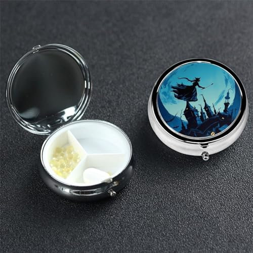 Pillendose, rund, Pillendose mit 3 Fächern, Hexenfliegen über dem Schloss, wasserdicht, kleine Pillendose für Reisen, Metall-Pillenbehälter für Medikamentenplaner