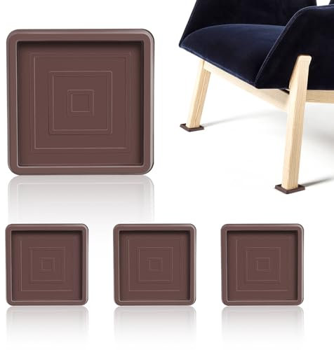 Zyfurn 4 Pcs Castor Cups 2.5 Inch Square Furniture Cups for Furniture Legs Brown Rubber Feet for Furniture Non Slip Chair Leg Floor Protectors, Castor Cups Sofa Feet Protectors for Wooden Floors