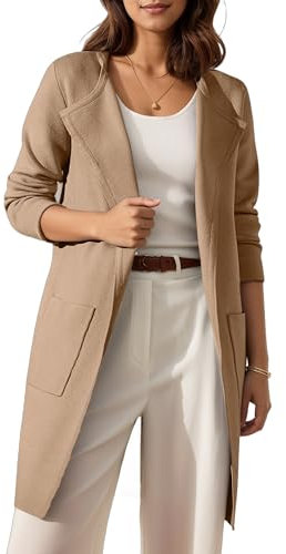 Timuspo Strickjacke Einfarbig Strickmantel Drapiert Casual Langer Cardigan Moden Dicker Pullover Damen Winter Mantel mit Taschen Khaki M