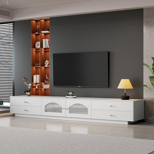 Azkoeesy TV-Schrank 220 cm mit 4 Schubladen und 2 Glastüren, TV Board Lowboard Fernseher Kommode, für 90 Zoll TV, Weiß