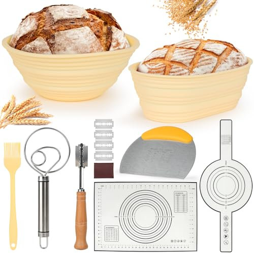 HUIJUTCHEN Sourdough Bread Baking Supplies, Sourdough Starter Kit 9 inch Round & 10 Oval Silicone Bread Basket with Silicone Bread Sling, Bread Lame, Bread Whisk, Dough Cutter & Oil Brush (Yellow)