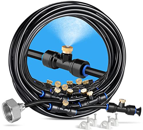 HIRALIY Nebulizzatore Giardino Sistema di Irrigazione 18M, con 20 Irrigatore Giardino Ottone + 3/4 Adattatore in Ottone, per Ombrellone Gazebo, Serre e Piscinaecc