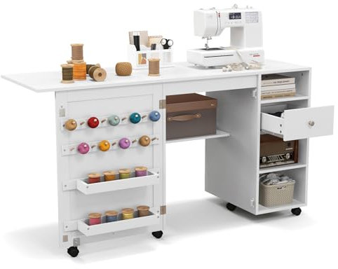 RELAX4LIFE Klappbarer Nähtisch, Mobile Handwerksstation mit Rollen, Nähmaschinentisch mit Stiften, Ablagen, Regalen & Schublade, Nähmaschinenschrank Zuhause für handwerkliche Projekte, Weiß