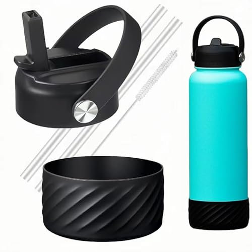 Straw Lid for Hydro Flask Wide Mouth Water Bottles, Top Lids with Straw and silicone boot Compatible with Hydro Flask 32 41 oz, Replacement Flip Cap Wide Mouth Accessories Flex Handle, Black lid+Boot