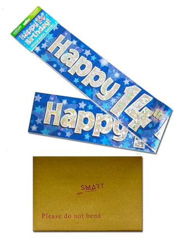 2,7 m Banner Happy 14th Birthday, blau, holografisch, Alter 14
