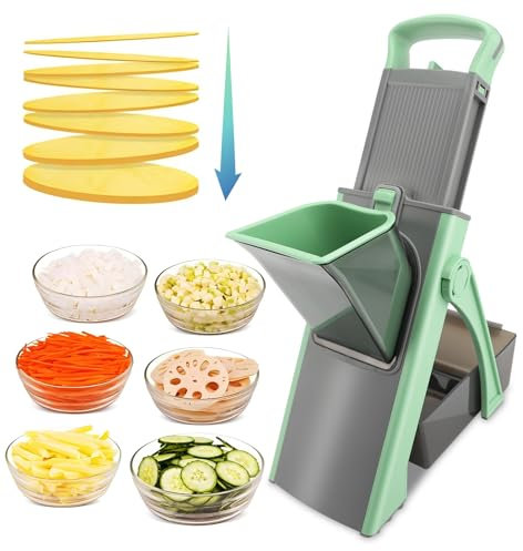 MEKOTRIN Mandoline Cuisine, Coupe Légumes Multifonctions Hachoir Manuel, Coupe Frite Épaisseur Ajustable - Julienne, Tranche, Lanière, Dé, Cube pour Patate Carotte Concombre Tomate(Vert)