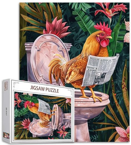 Tucocoo 1000 Teile Puzzle für Erwachsene, lustiges Huhn auf Toilette, Puzzle, Hahn, Vintage-Badezimmer-Kunst-Puzzles für anspruchsvolle Familienaktivitäten, buntes Bastelpuzzle, Wanddekoration,