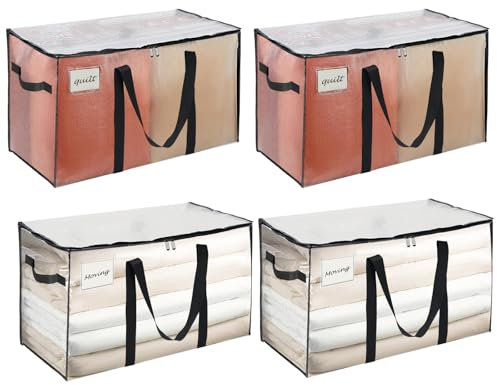 4 Pack Clothes Bag with Zip, 90L Heavy Duty Foldable Transparent Storage Bags, Moving Totes, Large Storage Bag, Moisture Resistant & Reusable for Clothes, Quilts, Bedding